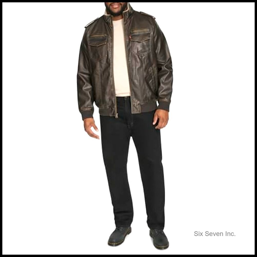 Vintage Faux Leather Aviator Bomber Jacket with Sherpa Lining - Picture 2 of 7